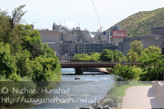 Clear Creek with Coors in the background in Golden, CO